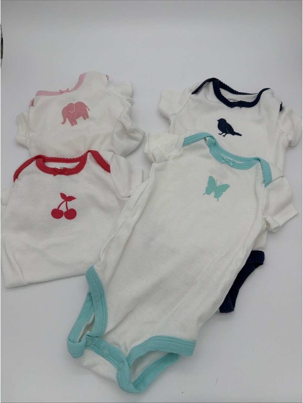 Lot 4 Girls Carter’s Bodysuit One Piece Short Sleeve 3m Cherry Elephant Bird But